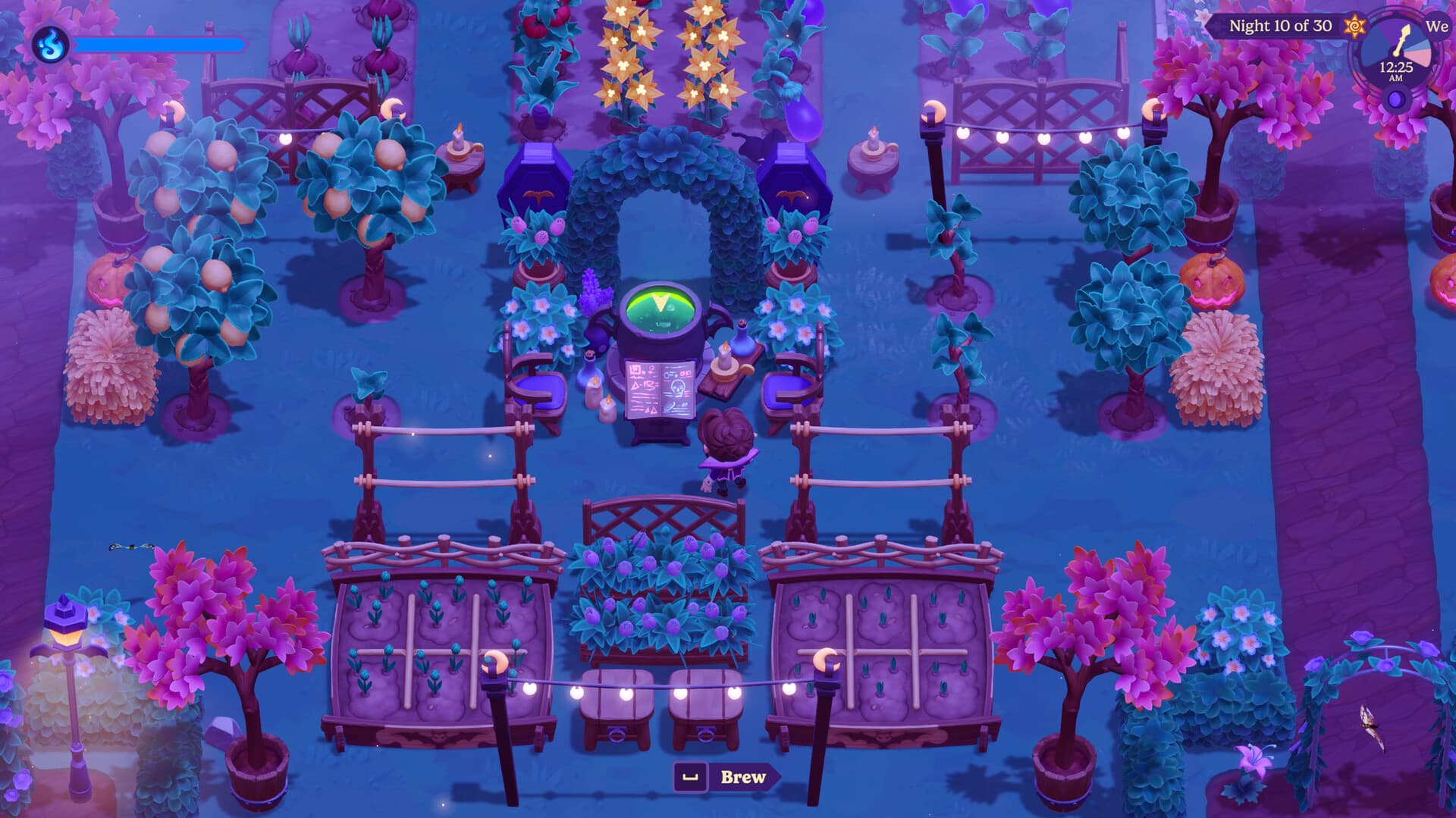 Moonlight Peaks gameplay showing a vampire farmer beside a bubbling cauldron and moonlit crop beds