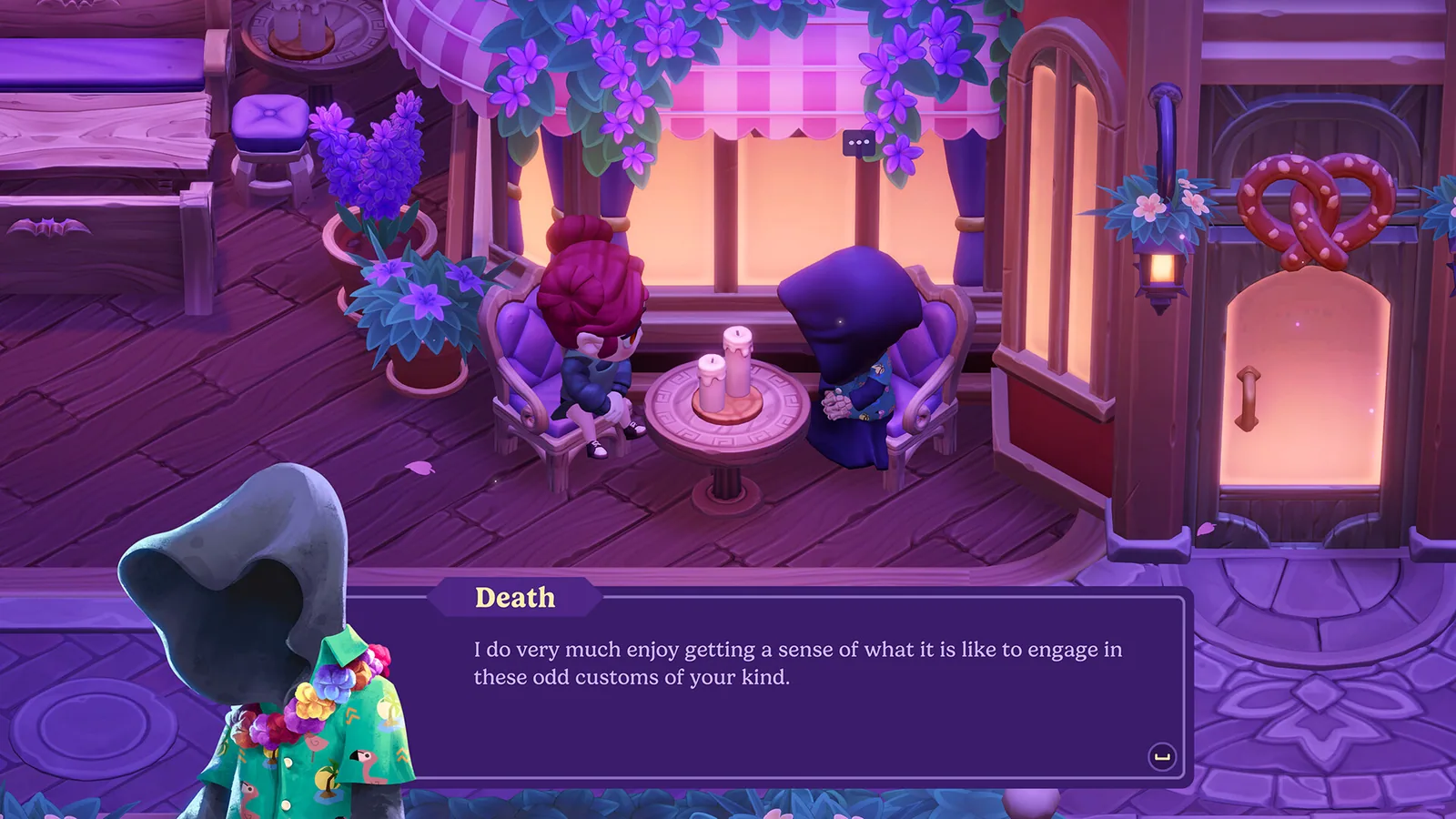 Moonlight Peaks nighttime dialogue scene showing the conversation interface used for character exchanges