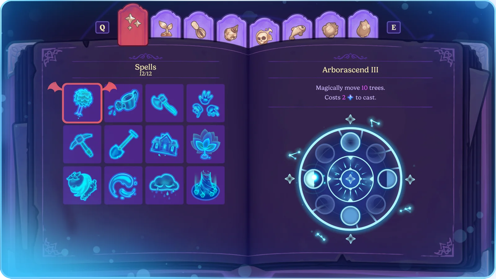 Official Moonlight Peaks grimoire interface showing spells and their casting patterns