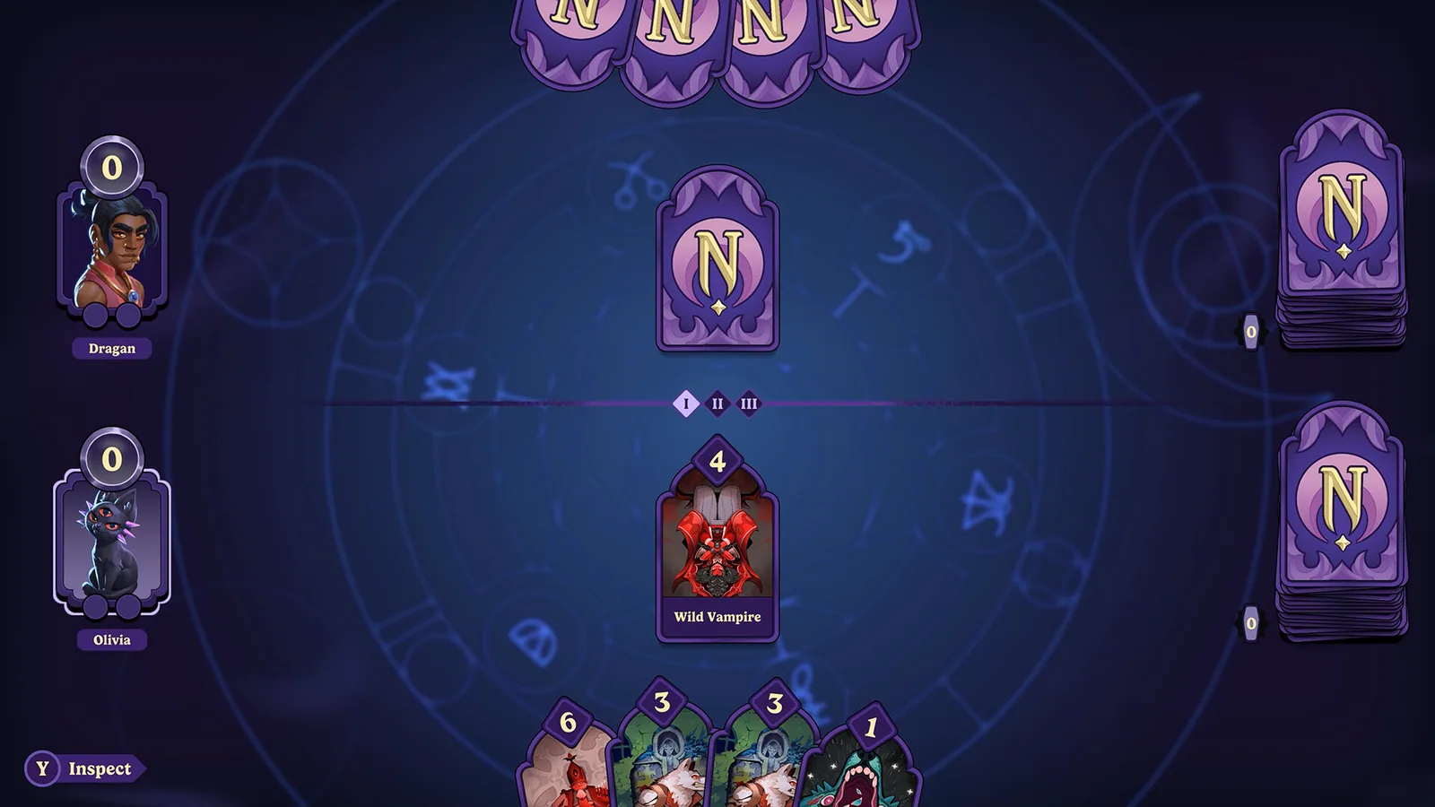Moonlight Peaks Nokturna card game board with cards placed around the circular play area