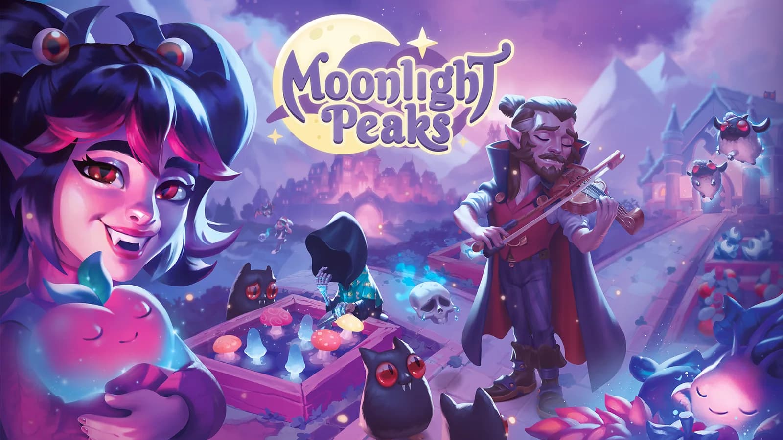 Official Moonlight Peaks release artwork with the vampire farmer, magical crops, and the Moonlight Peaks logo