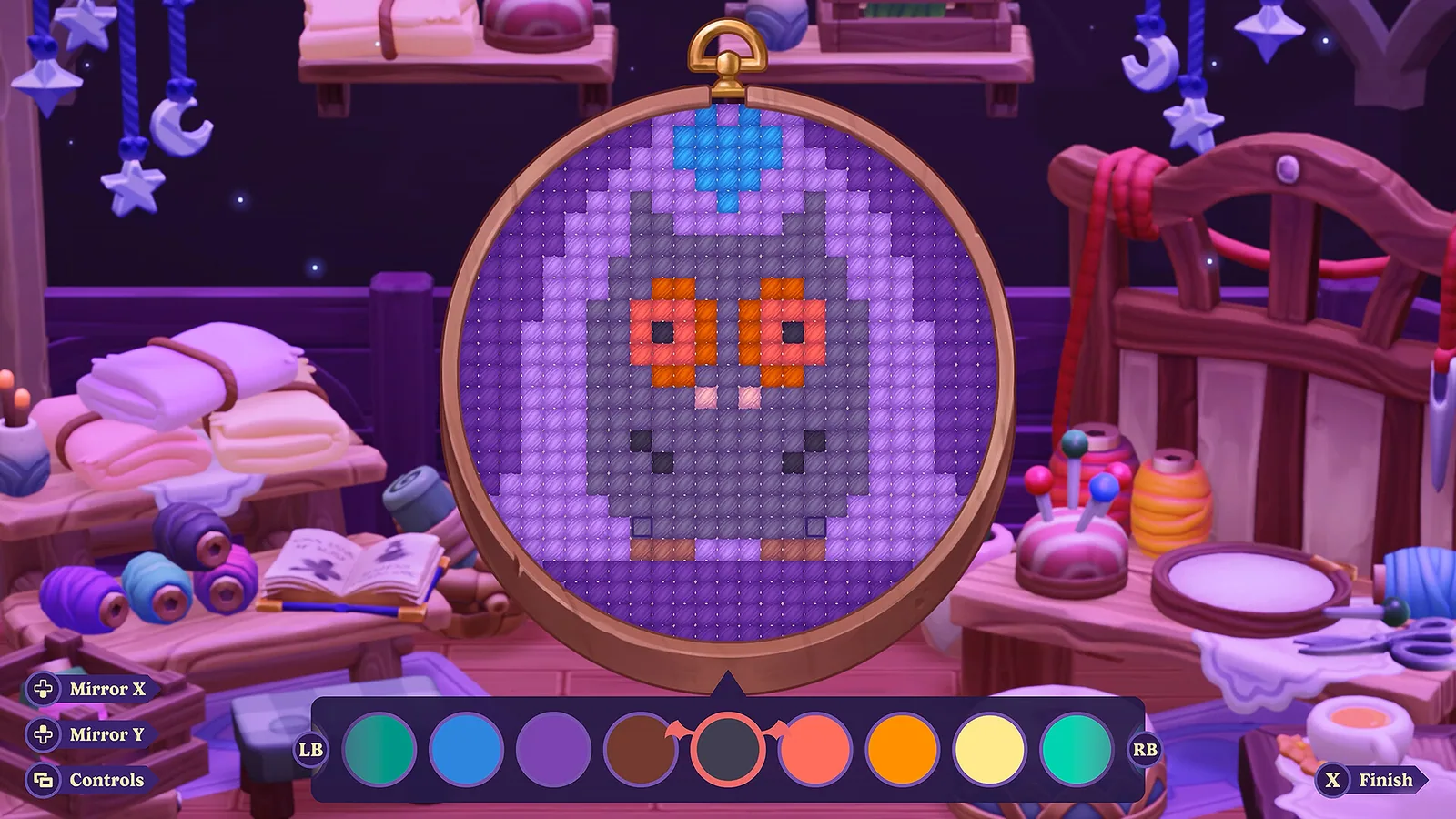 Moonlight Peaks embroidery activity interface with a colorful moon motif in progress