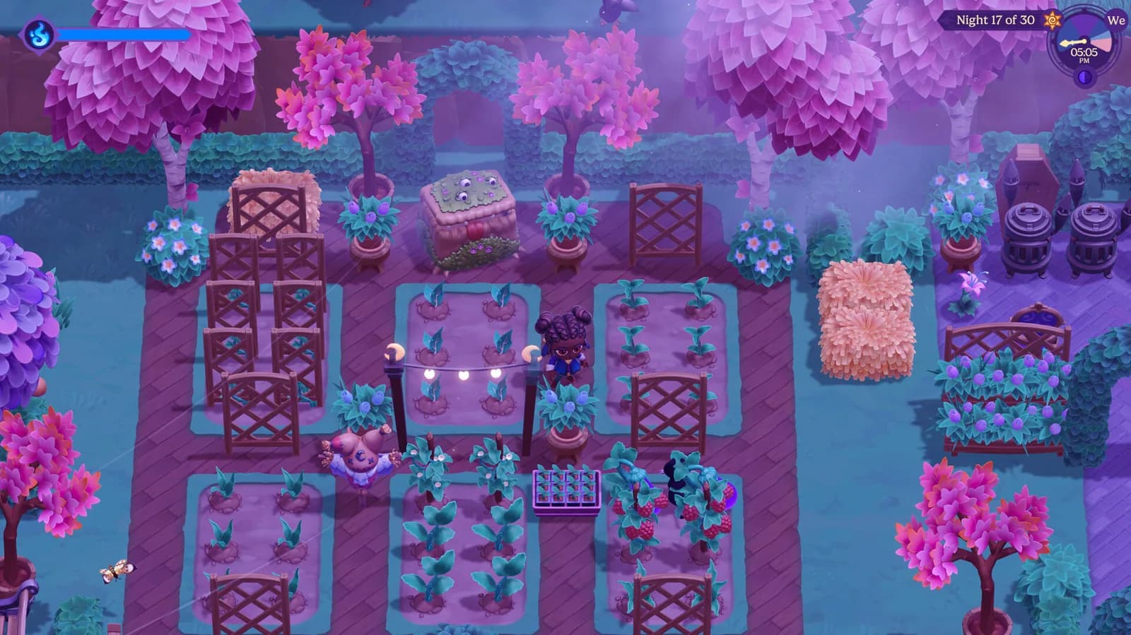 Official Moonlight Peaks farm view showing the work that can be completed before sleeping