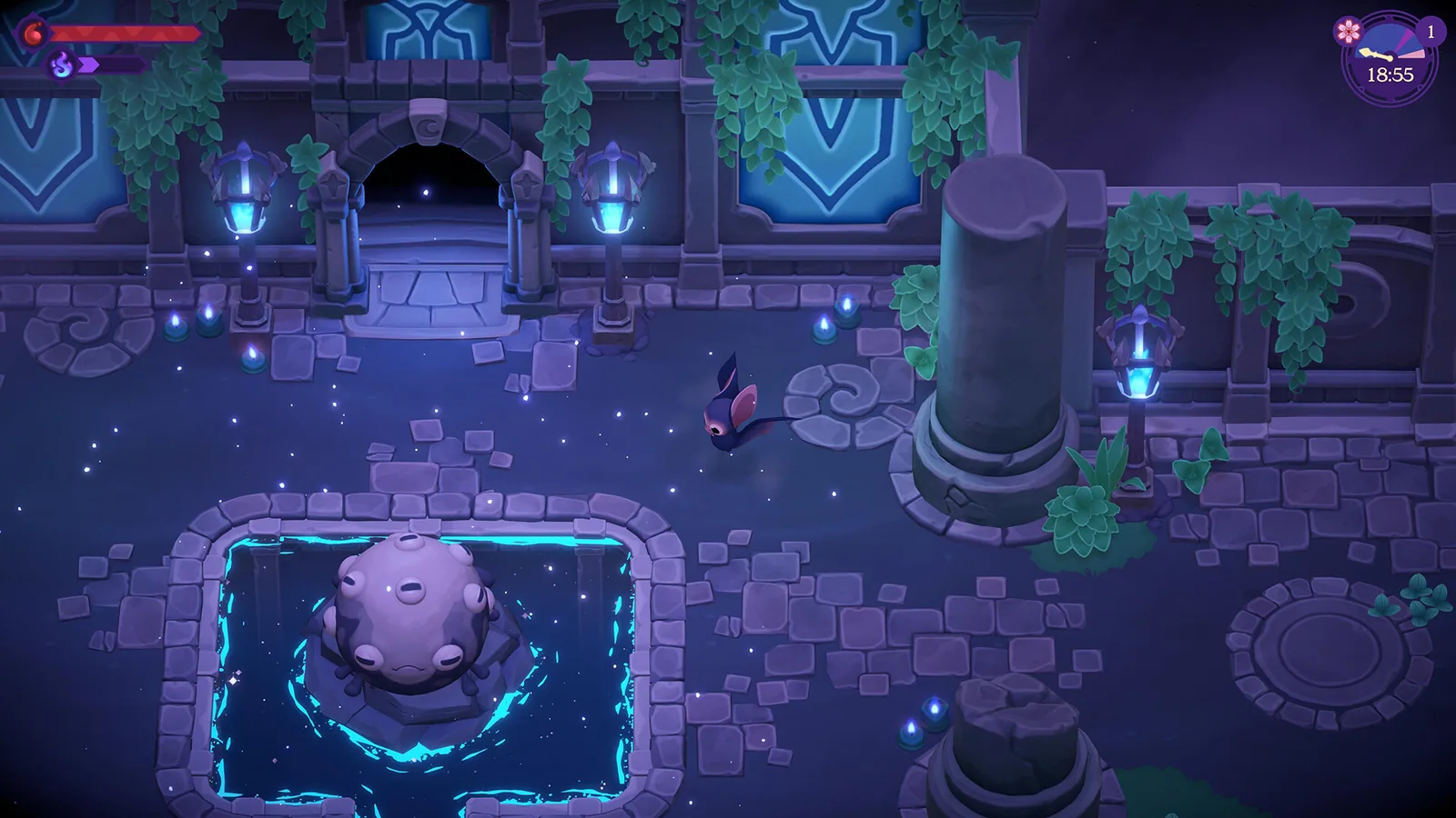 Official Moonlight Peaks scene showing a player exploring moonlit stone landmarks
